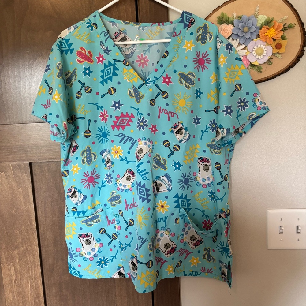 GT Performance Turquoise Blue Llama Scrub Top with Pockets Size 2X